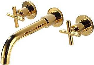 Wall Mount Tub Filler Faucet Gold High Flow Bathtub Faucet Two Handles Wall-Mounted Bathroom Faucet 2 Cross Handles 3 Holes Vanity Sink Mixer Tap Brass Rough-in Valve Included