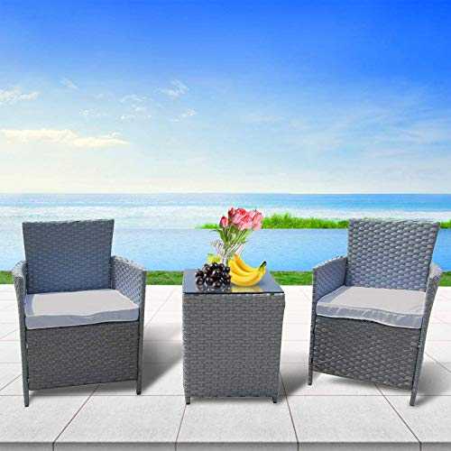 Chusstang Garden Furniture Set- 3PCS Patio Outdoor Rattan Garden Chairs Set-2 Chairs and Coffee Table with Cushions Conservatory Indoor Outdoor Balcony Patio Garden Weave Chair Table Set