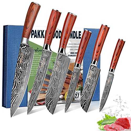 Kitchen Knife Sets, FineTool Professional Chef Knives Set Japanese 7Cr17 High Carbon Stainless Steel Vegetable Meat Cooking Knife Tools Accessories with Red Pakkawood Handle, 6 Pieces Set Boxed Knife
