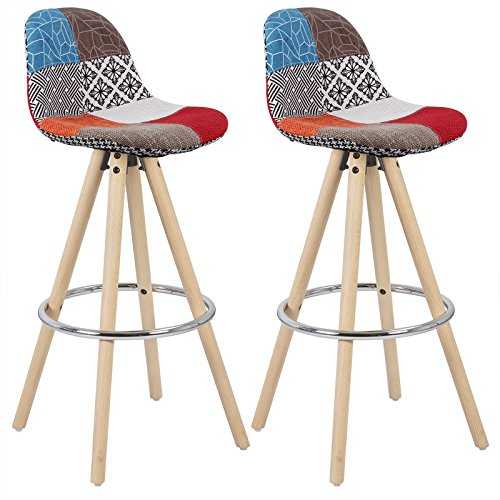 WOLTU Bar Stools Set of 2 pcs Barstools Multicolor Patchwork Breakfast Kitchen Counter Bar Chairs Wood Leg in Nature