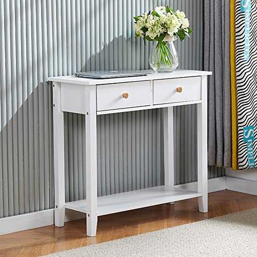 Ansley&HosHo-EU White Console Table with Shelf, Vintage Narrow Wood Hallway Storage Rack with 2 Drawers, Accent Entryway Table for Home Office, Dresser Desk for Living Room Bedroom