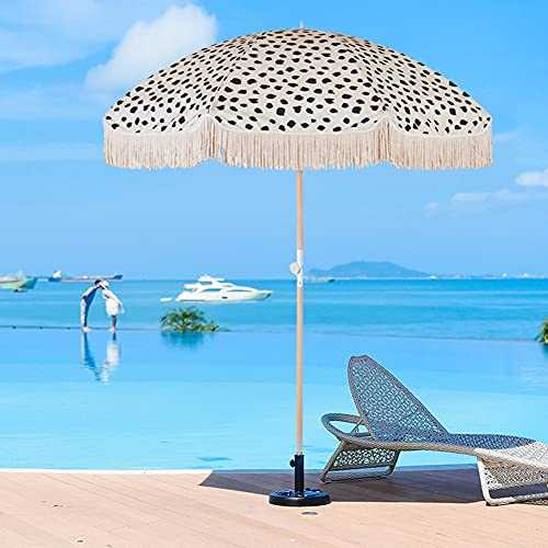 ACXZ Outdoor Beach Umbrella Wood Tilt Waterproof Sunshade Canopy with Fringed 6.6ft/2m, Foldable Boho Garden Parasol Patio Umbrella for Lawn/Deck/Pool, with Bag (Cow Pattern)