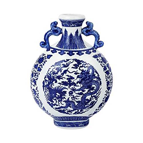 fanquare Jingdezhen Blue and White Classic Binaural Vase, Chinese Dragon Ceramic Flower Vase, Height 31cm