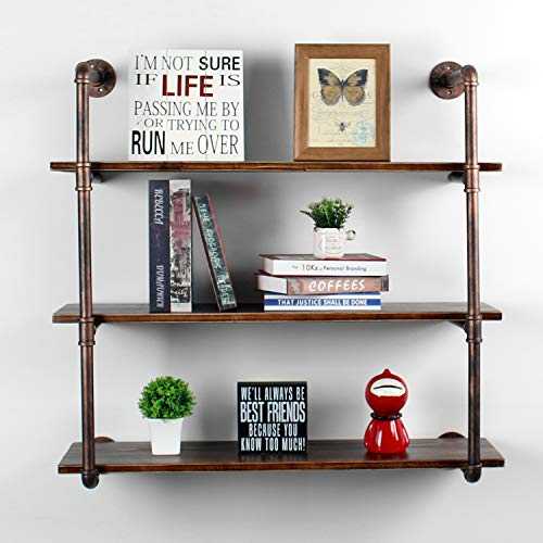 Weven 36" Industrial Pipe Bookshelf Wall Mounted,3 Tier Rustic Floating Shelves,Farmhouse Kitchen Bar Shelving,Home Decor Book Shelves,DIY Bookcase,Hanging Wall Shelves,Retro Red