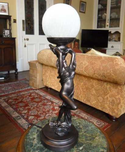 Art Deco Bronze Handpainted Lady Dancer with Scarf Lamp Light with Glass Shade