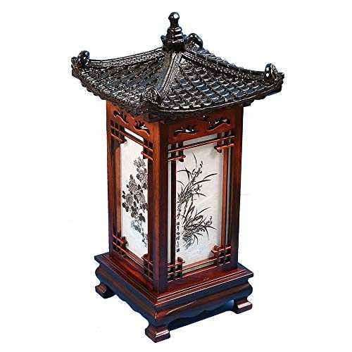 Carved Wood Lamp Handmade Traditional Korean Roof and Window Design Art Deco Lantern Brown Asian Oriental Bedside Bedroom Accent Unusual Table Light