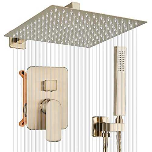 Shower System Brushed Gold Wall Mounted Shower Mixer Taps,JUNSOTTOR 16 Inch Rainfall Ultra Thin Shower Head with Handheld Spray Bathroom Luxury