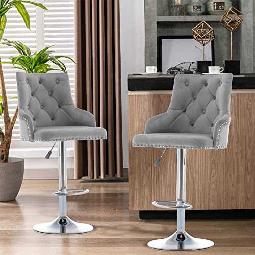 Hironpal Grey Velvet Bar Stool Set of 2 Chairs, Studded Barstool with Backrest Breakfast Bar Stool, Adjustable 360 Degree Swivel Gas Lift, Chrome Footrest and Base for Counter, Kitchen Island Home