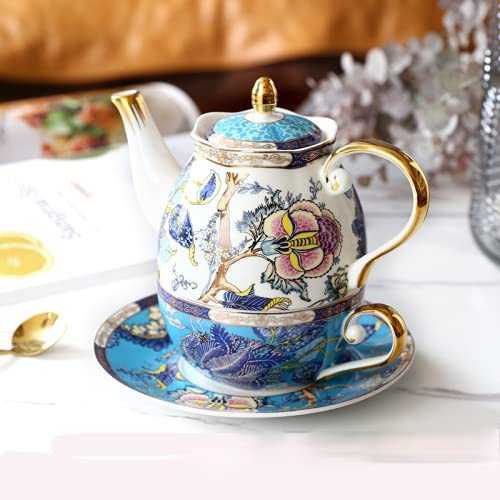 YINOX Creative Home Furnishing Light Luxury Floral Tea Set Afternoon Tea Ceramic Tea Set Coffee Cup Saucer Tea Set Teapot Cup Set (Dark blue 4-piece set)