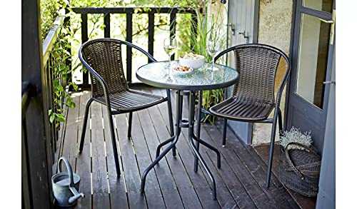 GSD Rattan 3 Piece Tasmania Bistro Garden Furniture Set Outdoor Patio Chairs And Steel Table For Al-Fresco Dining, BBQ’s