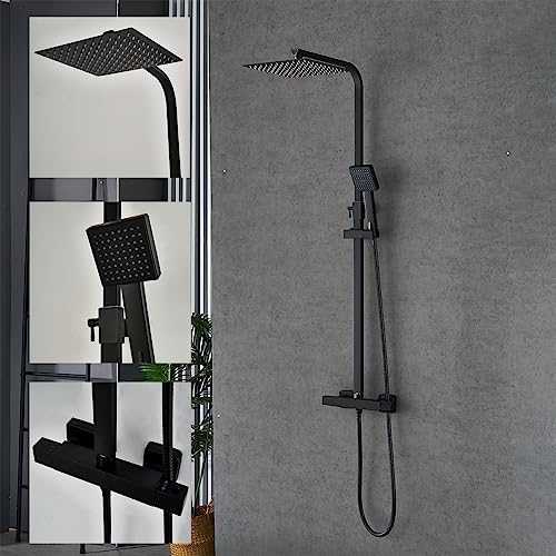Plumbsys Black Thermostatic Shower Mixer Set Square Shower kit 10 inch Stainless Steel Overhead Shower Brass Thermostatic Valve