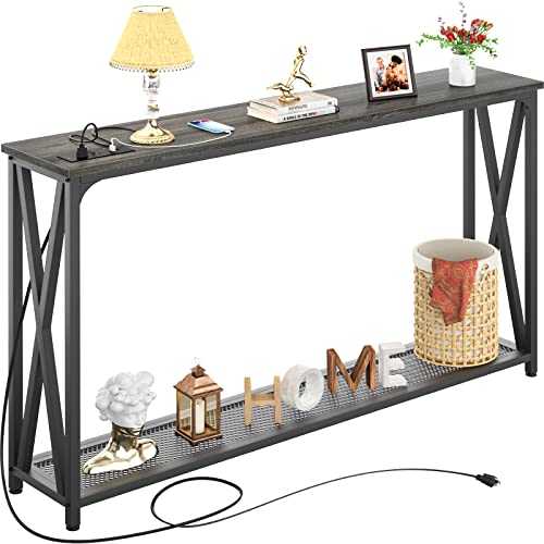 Narrow Console Table with Recessed Power Strip, Karcog 47 Inch Sofa Entry Table with 2 AC Outlets & 2 USB Ports, Industrial Farmhouse Style Accent Hallway Table for Living Room, Grey Oak