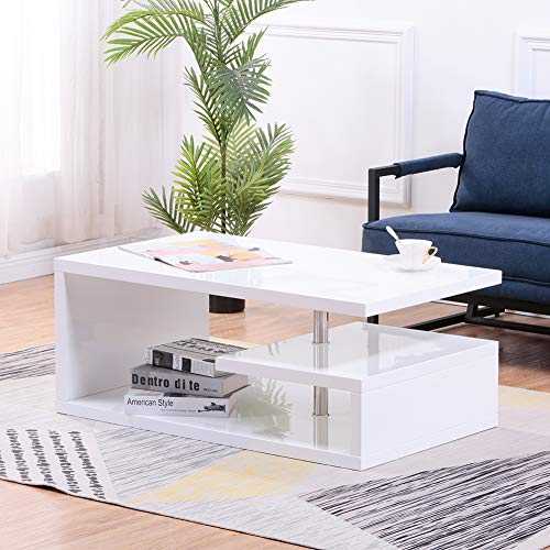 GOLDFAN High Gloss Coffee Table Modern Rectangular Side End Table with 2 Tier Storage Shelf Centre Tea Table for Living Room, White