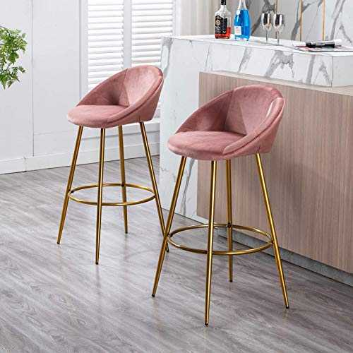 Wahson Velvet Bar Stools Breakfast Kitchen Counter Chairs, Set of 2 Bar Chairs High Stools with Golden Metal Legs and Footrest for Kitchen Island (Pink, A)