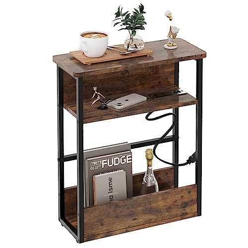 GGWEW Very Narrow Side Table for Small Spaces, Slim End Table with Charging Station, Sturdy Tables with Storage Shelf and Magazine Rack for Living Room, Easy to Assemble, Vintage Brown