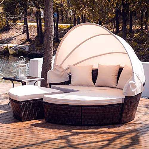 VONLUCE 4 Piece Modular Wicker Garden Daybed, Outdoor Sectional Sofa Set with Rattan Daybed or 4 Chairs, Retractable Canopy, Pillows, Beige