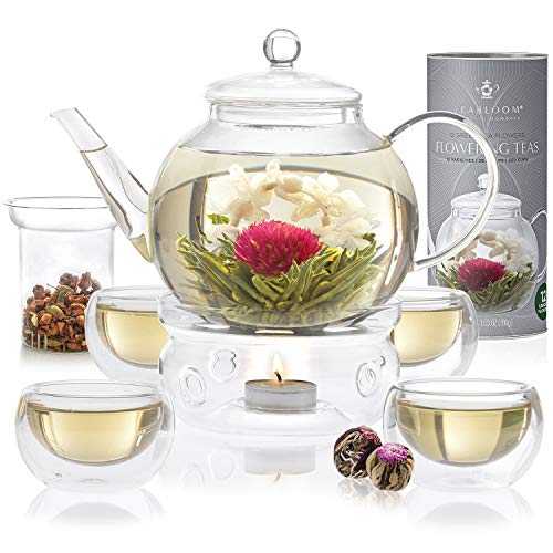 Teabloom Complete Glass Tea Set: Heatproof Glass Teapot - Tea Warmer - 4 Double Wall Glasses - Loose Leaf Tea Infuser - 12 Flowering Teas - Premium Flowering Tea Gift Set