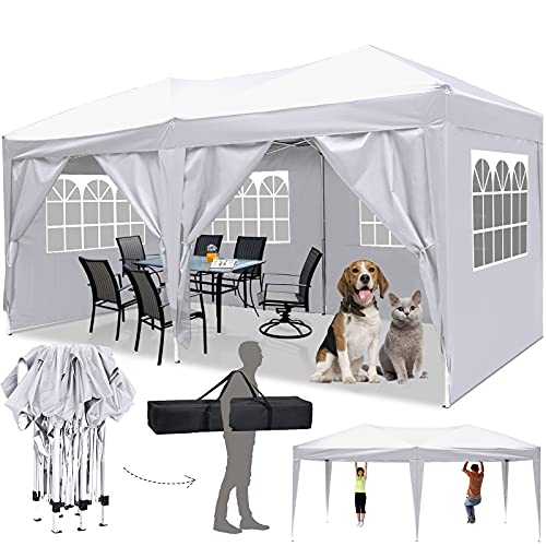 Laiozyen 3 x 6 m Waterproof Pop Up Gazebo Marquee Water Resistant Tent with Side Panels & Storage Bag for Outdoor Wedding Garden Party (3 x 6 m, Snowy white)