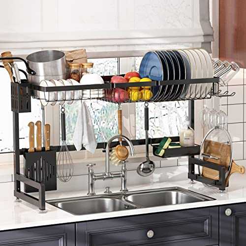 Over The Sink Dish Drying Rack, 2-Tier Adjustable Length(33.5-36.2in) Dish Rack Sink Shelf, Expandable Large Stainless Steel Dish Drainer for Kitchen Counter Organizer Space Saver with 8 Hooks