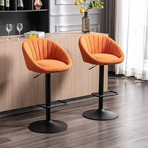 Wahson Set of 2 Bar Stools Fabric Breakfast Counter Chairs with Backrest, Adjustable Swivel Bar Chairs High Stools for Kitchen Islands/Home Bar, Orange