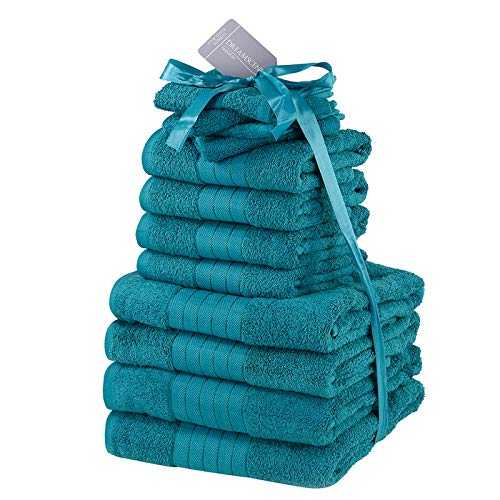 Dreamscene 12 Piece Luxury Towel Bale Set 100% Cotton Soft Bath Hand Face Set - Teal Blue
