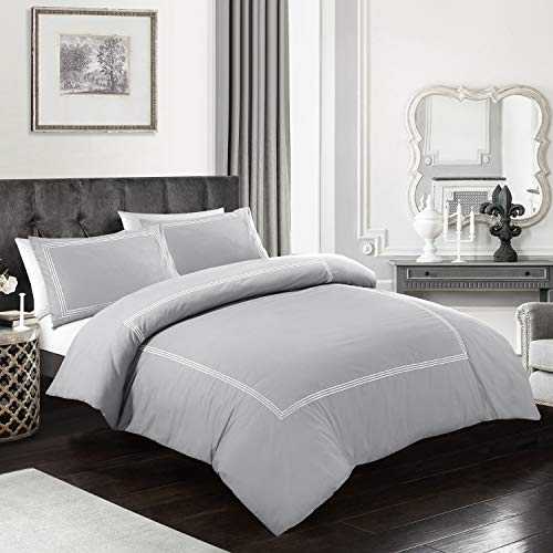 My Home Store Grey Duvet Cover Double 3 piece Luxury Hotel Bedding Bratta Stitch Duvet Sets Breathable 100% Poly Cotton Quilt Cover with Pillowcases