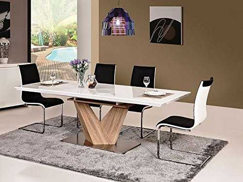Alaras White High Gloss Extended Dining Table with Pedestal in Sonoma Oak Veneer (160 (220) x 90 cm)