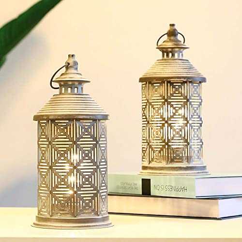 JHY DESIGN Set of 2 Metal Table Lamp Battery Powered 26.5cm Tall Cordless Lamps Vintage Bedside Battery Lamps for Living Room Bedroom Weddings Parties Garden Hallways Outdoor Indoor(Square Pattern)