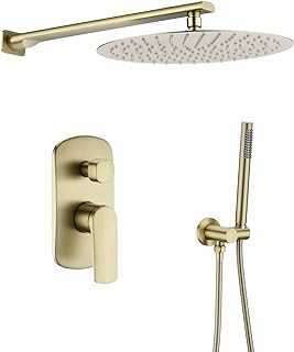 Bathroom Shower System Brass Concealed Round Ultra Thin Overhead 12 inch Rainfall Shower Head with 2 Functions Diverter Valve Mixer Tap and Handheld Kit,Brushed Gold