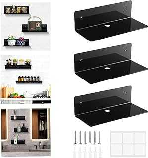 Acrylic Floating Shelves, 3 Pcs Acrylic Shelves, Wall Mounted Display Shelf Self Adhesive for Bathroom Office Picture Ledge Book Plant Speaker with Cable Clips Stickers Screws Black