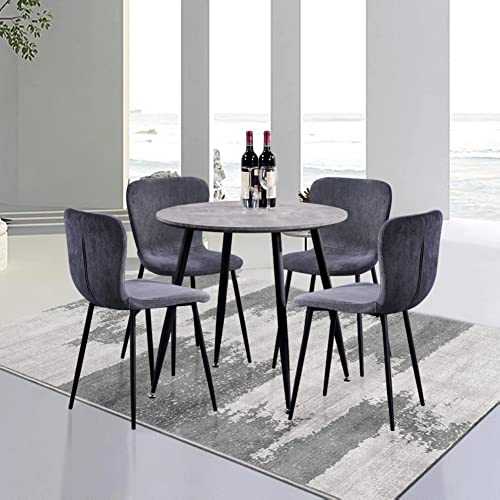 GOLDFAN Round Dining Table and Chairs Set 4 Marble Kitchen Table and 4 Velvet Chairs Retro Dining Table Set with Metal Legs for Dining Room Living Room Office, Grey