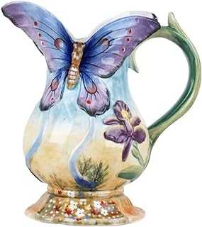 FORLONG Large Ceramic Water Pitcher Flower Vase, Hand-Painted Purple Butterfly and Flowers Home Decor Bouquet Holder-9 Inches