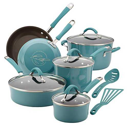 Rachael Ray 16344 Cucina Nonstick Cookware Pots and Pans Set, Aluminum, Agave Blue