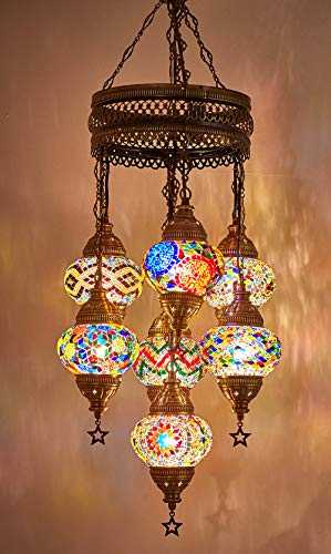 (Customizable Globes) DEMMEX 2019 Hard-Wired or PLUGIN 1,3,5,7,9 Globes Chandelier Lights Turkish Moroccan Mosaic Ceiling Hanging Pendant Chandelier Light Lighting (7 Globes Hardwired)