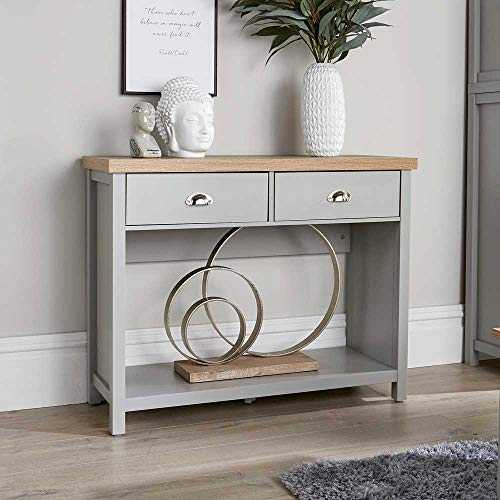 Home Source 2 Drawer Console Side Table Compact Sideboard Storage, Grey, Oak Effect, MDF