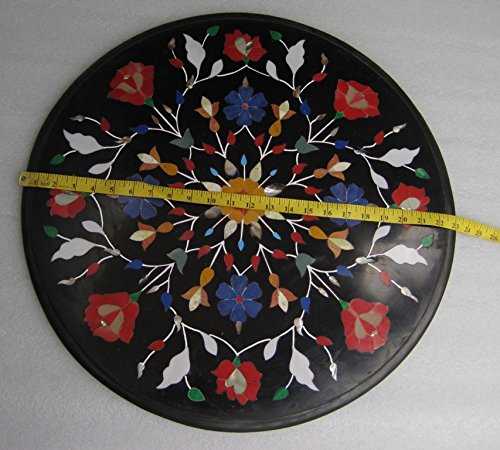 23" Black Marble Round Dining Table Top Mosaic Marquetry Handmade Scagliola Art (No-23)