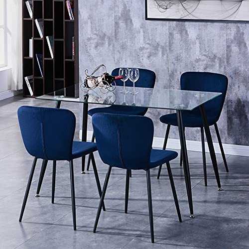 GOLDFAN 5-Pcs Dining Table and Chairs Set Modern Tempered Glass Kitchen Table with 4 Velvet Chairs Dining Table Set,120cm/Blue