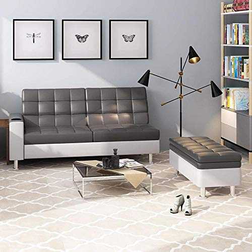 YRRA Deluxe Faux Leather Corner Sofa Bed Recliner Sofabed 3 Seater Storage Sofabed Couch with Ottoman Foot Stool and Cup Holder New Grey and white-Grey and White