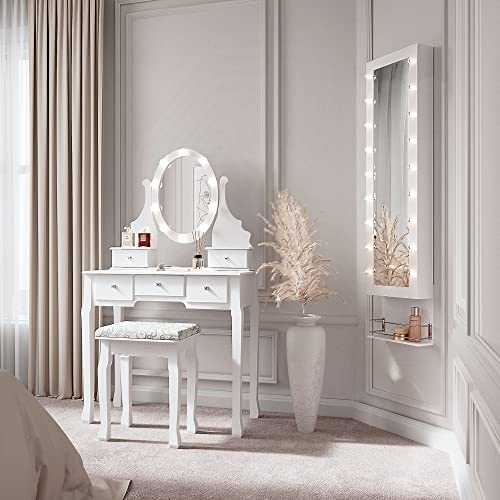 CARME Dressing Table with Hollywood Mirror & Mirror Jewellery Cabinet with LED Lights 2 Piece Set Vanity Makeup Storage