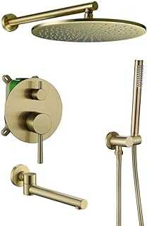 in life Shower System, Wall Mounted Brass Brushed Gold Bathroom Rain Mixer Shower Taps Set with 8-12" Brass Round Rainfall Shower Head and Handheld Shower and Tub Taps, Luxury Shower Set,1 in life