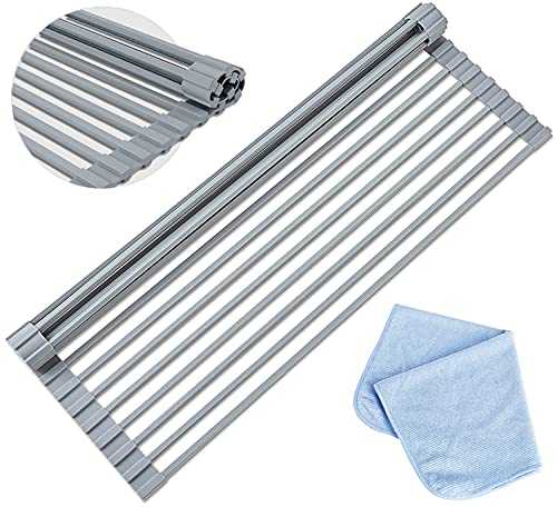 SEMKO Dish Drying Rack Roll Up Over the Sink Stainless Steel Silicone Dish Drainer Large Capacity - Dishcloth
