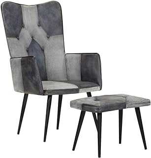 Armchair with Footstool Grey Genuine Leather and Canvas