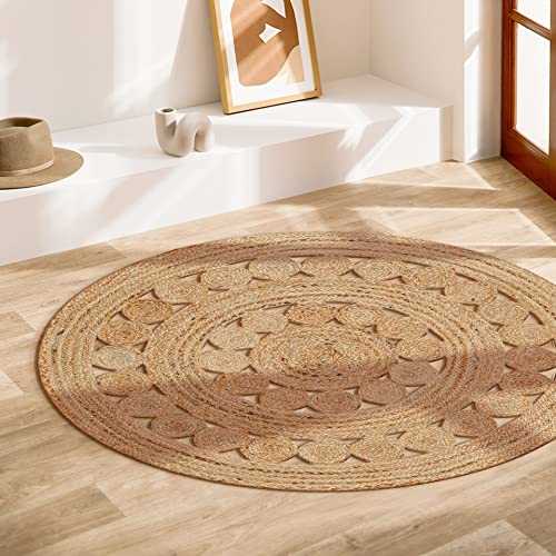 RIANGI Living Room Rug Round Area Rugs 5ft - Natural Fibre Jute Bedroom Area Rug - Braided 5 Foot Round Rug for Living Room - Rattan Decor Bohemian Rug