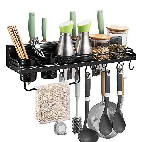 BESy Multifunctional Kitchen Wall Storage Pot Lid Rack, Hanging Pot Rack Organizers Wall Mounted, Kitchen Cooking Utensil Holder Caddy with Bottle Rack, Knife Pan Hanger with 10 hooks, Matte Black