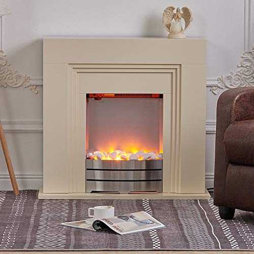 DKIEI Electric Firplace with Surround 2 Heat Settings 1000/2000W, LED Flame Effect with Pebble Display Ivory Fireplace Suites
