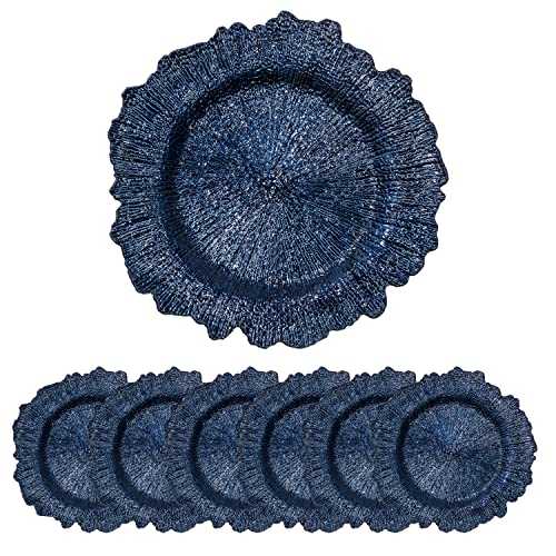 JRHCGH 13" Round Navy Blue Charger Plates Set Of 6, Plastic Reef Chargers for Dinner Plates, Wedding Supplies For All Holidays (Blue)