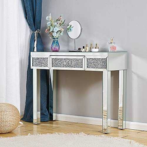 Mirrored Glass Dressing Table Only Makeup Vanity Desk with Storage Drawer and Crystal Handle Console for Bedroom Furniture Multi-Style Choice (Type 1)