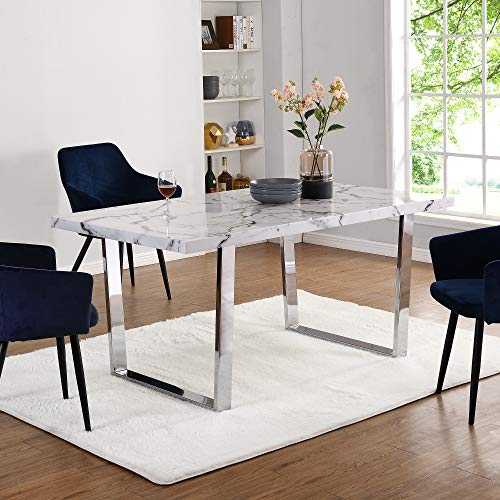 Cherry Tree Furniture BIASCA 6-Seater High Gloss Marble Effect Dining Table with Silver Chrome Legs (White)