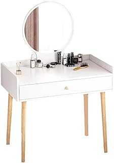 Ruication Dressing Table, Vanity Table with Round Mirror, LED Lights with Adjustable Brightness, 1 Large Drawers Wooden Modern Bedroom Dresser, White Desk Make up Table