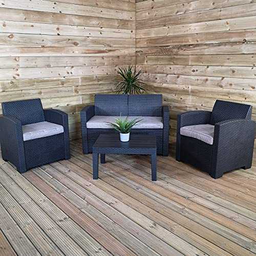 Samuel ALEXANDER Luxury Sturdy Black Rattan Garden Sofa Set With Chairs 4 Piece Rattan Furniture Set Lounger, Includes Sofa, 2 Chairs And Coffee Table